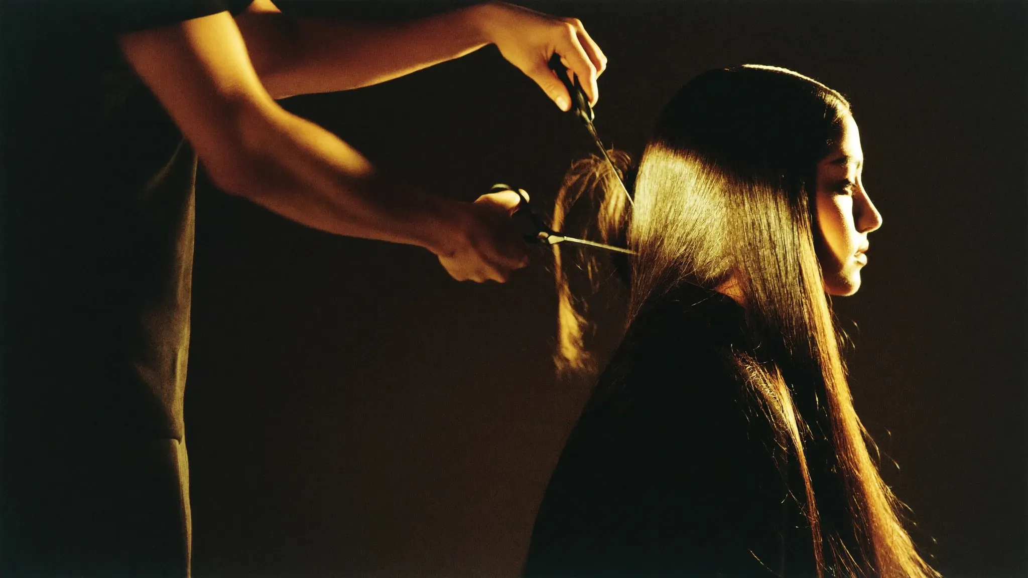 Master stylist cutting a model's hair in warm studio light
